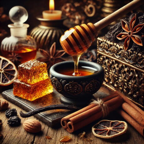 DALL_E2025-04-2511.08.35-Aphotorealisticstilllifeofopulentperfumeingredients.Goldenhoneyslowlydrippingfromawoodenhoneydipperontodarkoudwoodpieces.Cinnamo-1