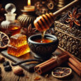 DALL_E2025-04-2511.08.35-Aphotorealisticstilllifeofopulentperfumeingredients.Goldenhoneyslowlydrippingfromawoodenhoneydipperontodarkoudwoodpieces.Cinnamo