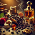 DALL_E_2025-04-25_10.58.36_-_A_photorealistic_still_life_of_rich_perfume_ingredients._Dark_roasted_coffee_beans_spilling_from_a_brass_scoop_surrounded_by_glossy_golden_pralines_a